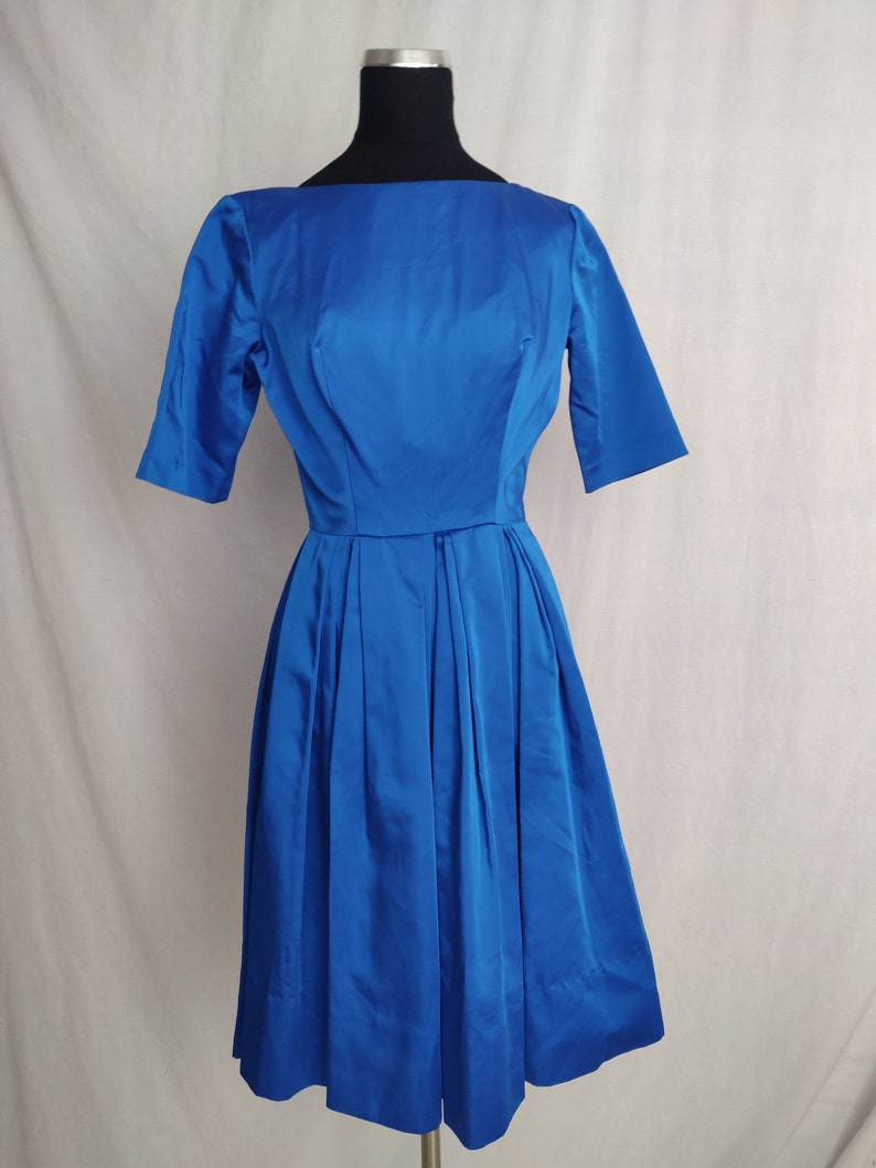 Vintage 50s 60s Royal Blue Satin A-Line Dress // Short Sleeve Button Back Pleated Skirt image 1