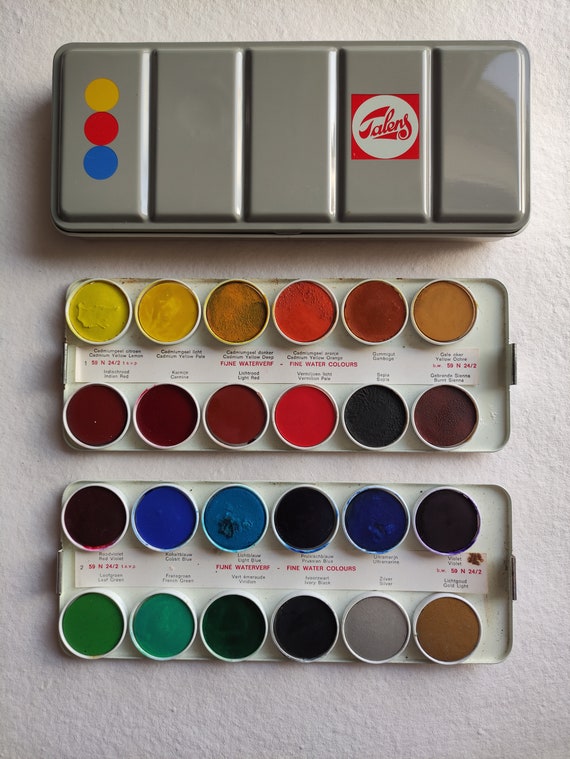 Vintage Talens Palette Watercolor Paint in Round Pans 24 Color Set 