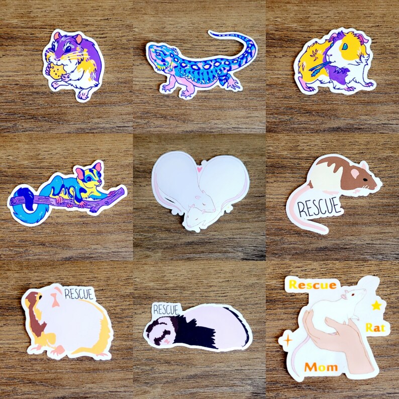 May include: A set of nine colourful stickers featuring various animals, including a hamster, a lizard, a guinea pig, a sugar glider, a pair of rats, and a ferret. The stickers are printed on white paper and have a glossy finish. Some of the stickers have the word "Rescue" printed on them.