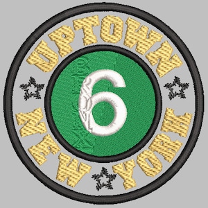May include: A black and gold circular patch with the text "Uptown New York" and the number "6" in a white circle on a green background.