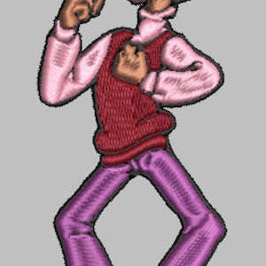 May include: A cartoon illustration of a person wearing a pink shirt, a red vest, purple pants, and an orange hat. The person is standing with their arms raised and fists clenched.