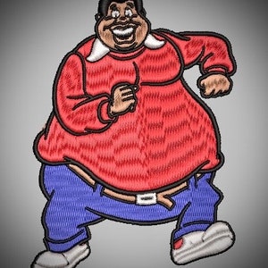 May include: Embroidered patch of a cartoon character wearing a red shirt, blue jeans, and white shoes. The character has a large belly and a big smile.
