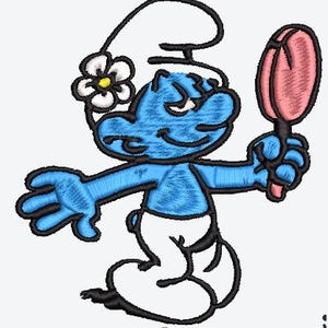May include: A blue cartoon character with a white hat and pants, holding a pink object. A white flower with a yellow center is on the hat. The character has a smiling expression and is outlined in black.