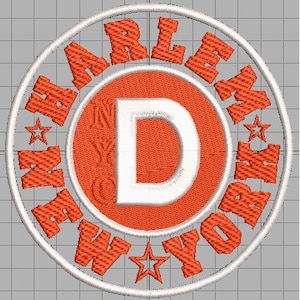 May include: Embroidered patch with the words "HARLEM NEW YORK" in orange, arched around a central orange circle with a white "D". White stars and a white border complete the design.