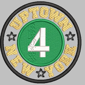 May include: Black and gold embroidered patch with the text "Uptown New York" and the number "4" in a green circle.