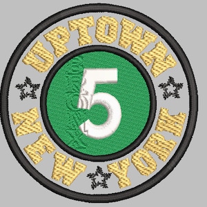 May include: A black and gold embroidered patch with the text "UPTOWN NEW YORK" in a circle around a green circle with the number "5" in white.