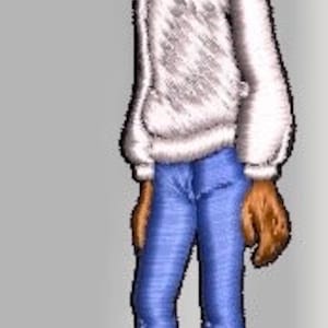 May include: A cartoon illustration of a person with brown skin wearing a white sweater, blue jeans, and white sneakers.