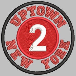 May include: Red and white embroidered patch with the text "Uptown New York" and the number "2" in the center.