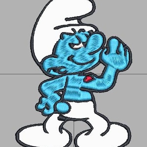 May include: Embroidered patch of a Smurf character in a standing pose. The Smurf is blue with a white hat and pants. The design features a red heart on the chest and black outlines.
