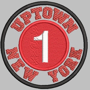 May include: Red and black embroidered patch with the text "Uptown New York" and the number "1" in a white circle.