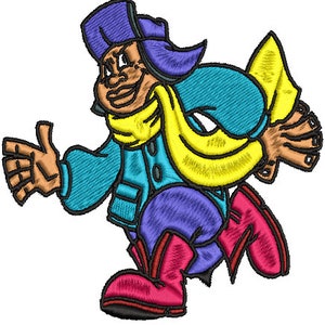 May include: A cartoon illustration of a person wearing a purple hat, blue jacket, and red boots. The person is holding a yellow scarf and has a brown face.