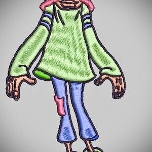 May include: An embroidered patch of a cartoon character wearing a pink hat, green shirt, and blue jeans. The character has a wide smile and is standing with arms outstretched.
