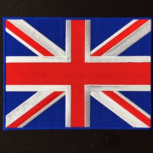 May include: A red, white, and blue embroidered patch of the Union Jack flag.