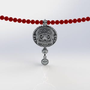 Dia De Los Muertos Pendant/ Handmade Dia De Los Muertos Pendant/ Santa Muerte/ Sterling Silver Sugar Skull Pendant/ Stone Bead Necklace