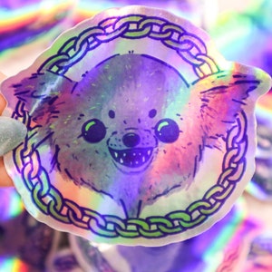 Adesivo holográfico fofo e ousado de chihuahua e correntes