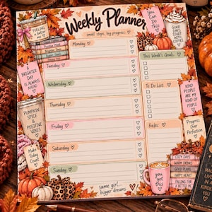 May include: A weekly planner notepad featuring an autumn theme with illustrations of pumpkins, coffee cups, and fall leaves. The page includes sections for each day of the week, a to-do list, and goals, with text such as Weekly Planner, small steps. big progress.