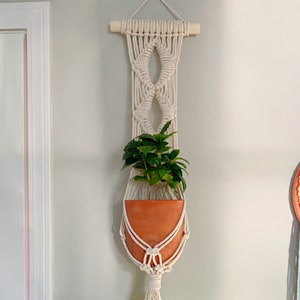 May include: A macrame plant hanger with a terracotta pot and a green plant. The hanger is made of white cotton cord and has a geometric pattern.