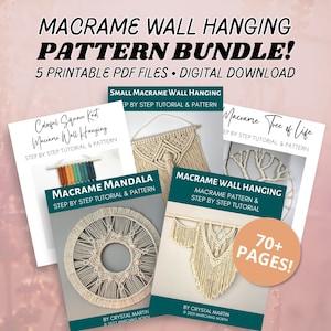 Peut inclure: Un lot de cinq fichiers PDF imprimables pour des tentures murales en macramé. Le lot comprend des modèles pour une petite tenture murale en macramé, une tenture murale en macramé à nœuds carrés colorés, une mandala en macramé, un arbre de vie en macramé et une tenture murale en macramé avec un tutoriel étape par étape. Le lot contient plus de 70 pages d'instructions.