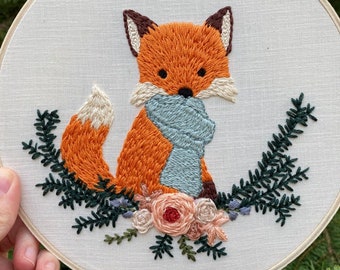 Fox in Scarf Punch Needle Pattern, Winter Scene (Digital PDF Pattern)