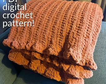 Chunky Crochet Throw Blanket with Easy Ruffle Border *DIGITAL PDF PATTERN* | Printable Crochet Pattern