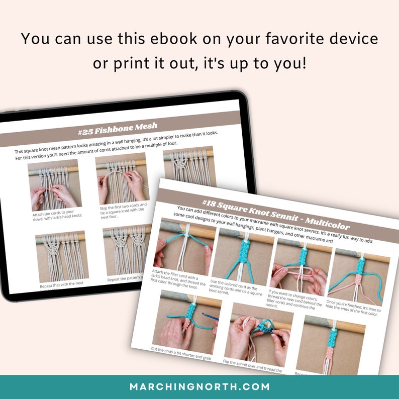 Pu&ograve; includere: Un'illustrazione digitale di due motivi di nodi di macram&egrave;, #25 Fishbone Mesh e #18 Square Knot Sennit - Multicolor. Le istruzioni mostrano come creare i nodi usando corde attaccate a un bastone.