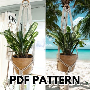 May include: A cream-coloured macramé plant hanger with a wooden ring, supporting a potted plant with green and white striped leaves. The pot is light brown. The text "PDF PATTERN" is at the bottom.