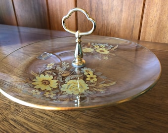 Vintage Viking Glass Flower Candy Tray | New with Sticker | Glass Handpainted Tray with Handle | Floral Vintage Victorian Glass Tiered Dish