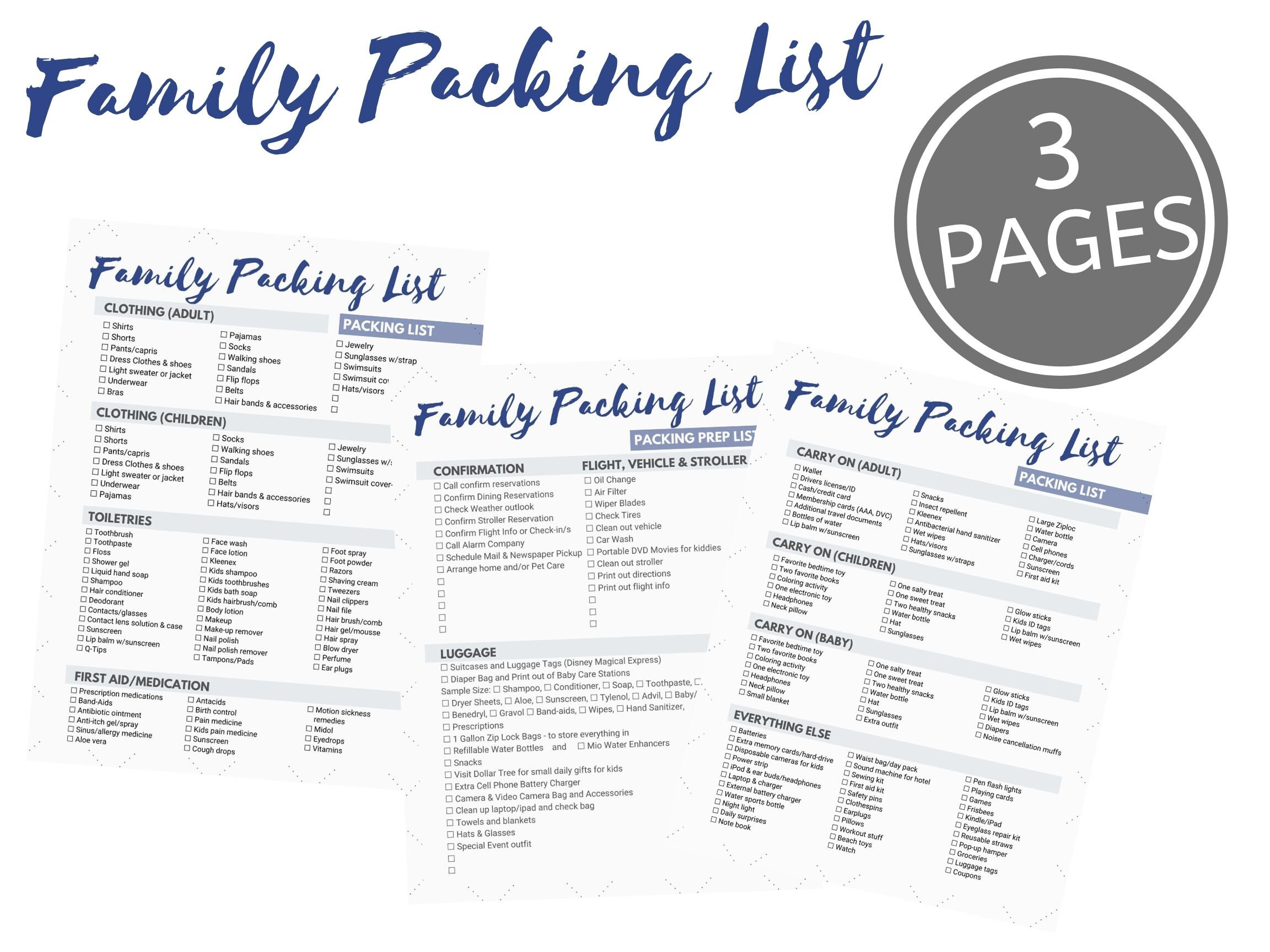 family vacation packing list instant digital download etsy