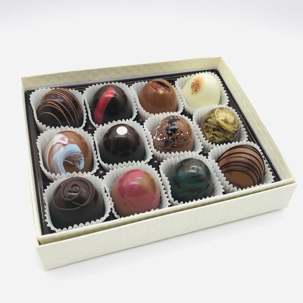 A box of handmade chocolate truffles, birthday gift, chocolate favors, assorted milk and dark chocolates, 12 pc