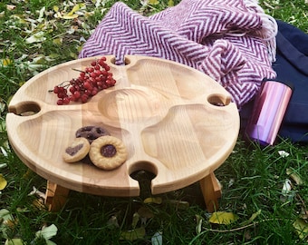 Folding table for picnic and romantic dinner Wooden table Portable wine table Round foldable table Anniversary gift Couple Christmas gift