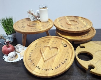 Picnic table folding Outdoor tray Engraved Wine Table 14" Wooden wine stand Glasses holder Patio Cheese board Portable Wood snack plate