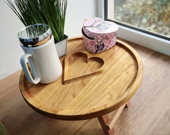 Folding serving tray Large wooden tray table 13.5" Portable breakfast tray Coffe table Round serving platter Wood snack tray