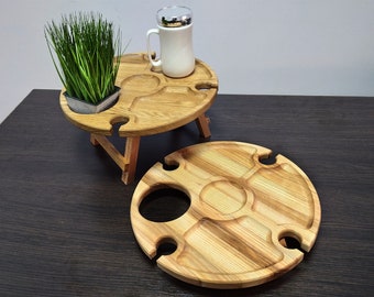 Picnic table Outdoor Wine Table Large 13,8" Wooden wine stand Glasses holder Patio Cheese board Portable folding table Wood snack plate