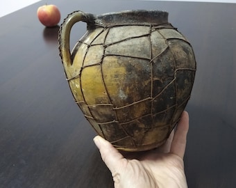 Rustic Clay Pot Vintage Ceramic Crock Vase Antique Ceramics with wire overlay Country Cottage Decor Farmhouse Kitchen Table centerpiece