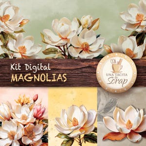 Imprimible "Magnolias". Kit Digital de papel decorado y ephemera
