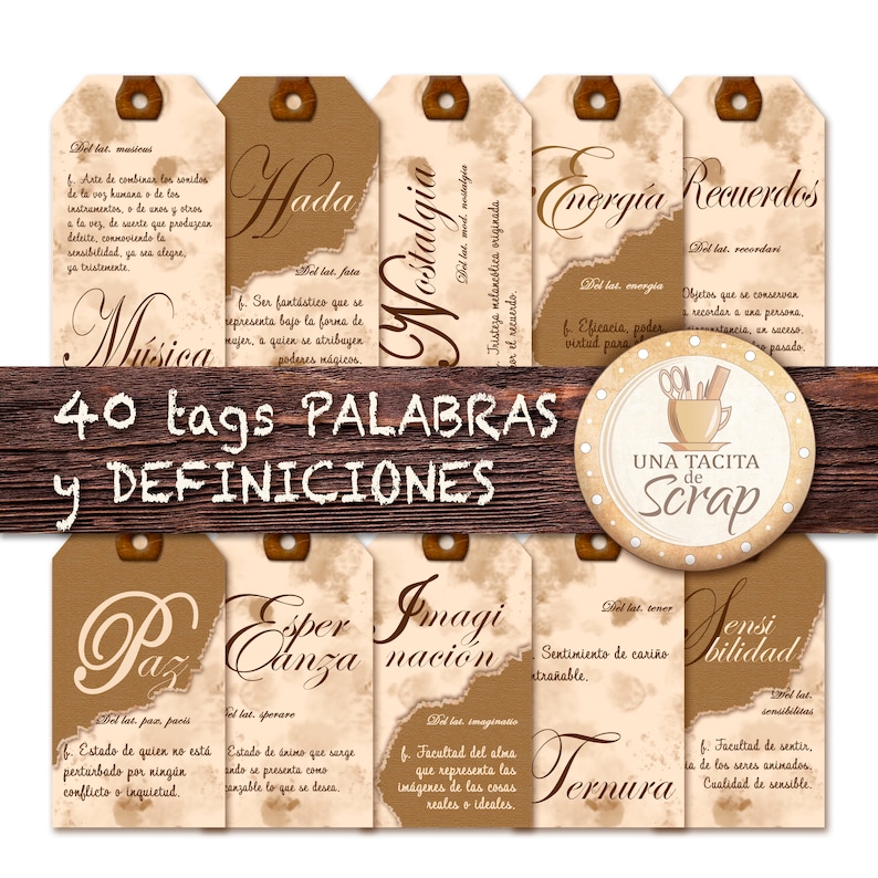 Imprimible Tags Palabras y Definiciones en Español. Ephmera Vintage, Descarga Digital Ephemera Junk Journals y Scrapbooking, Tags 1 imagen 1