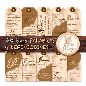 Afdrukbare tagwoorden en definities in het Spaans. Ephmera Vintage, digitale download Ephemera Junk Journals en scrapbooking, tags #1