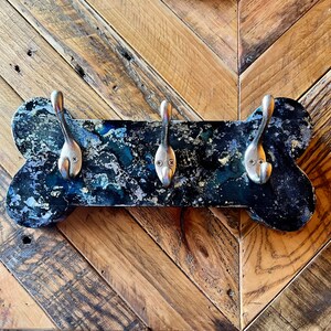 Alcohol ink blue black gold and silver dog bone leash holder