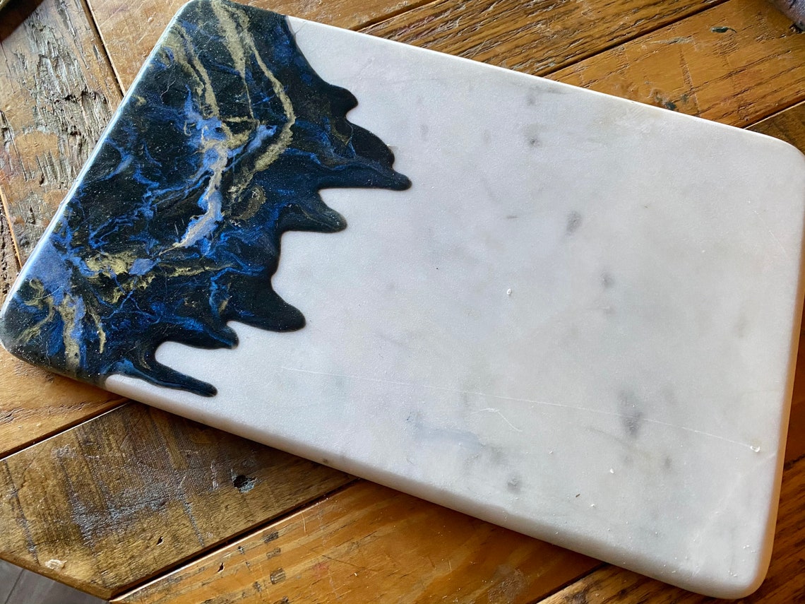Large White Marble Cutting Board/cheeseboard With Resin Design Etsy