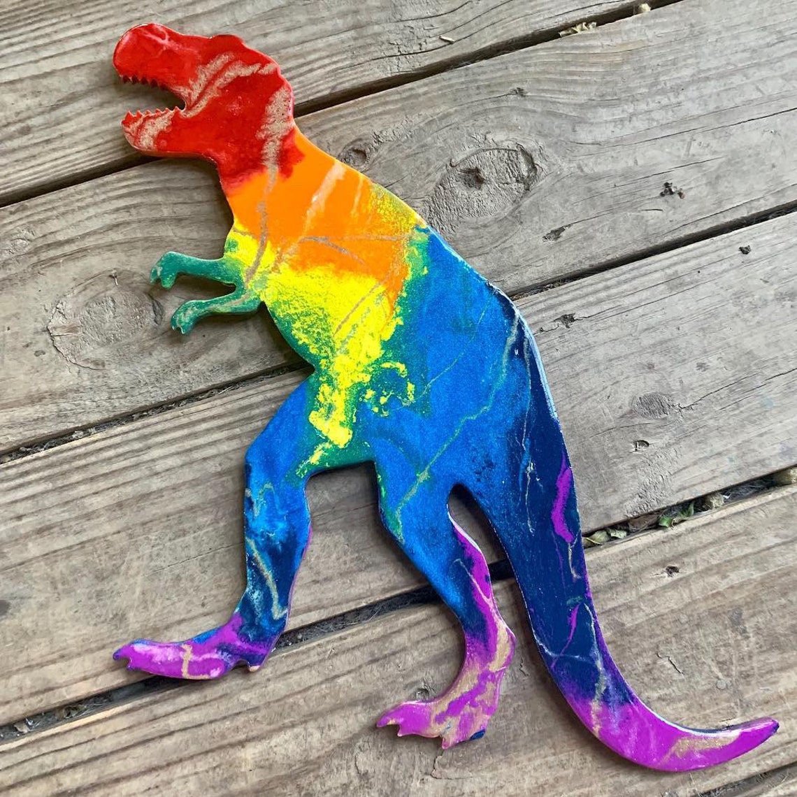 SOLD Rainbow Dinosaur Resin Art Wall Art Wood Dinosaur Etsy