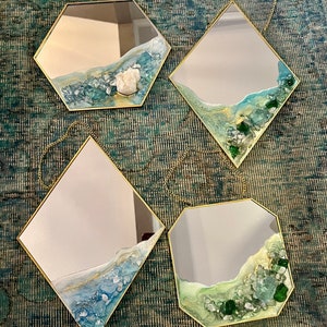 Gold hanging mirrors resin mirrors with crystals in blues and greens