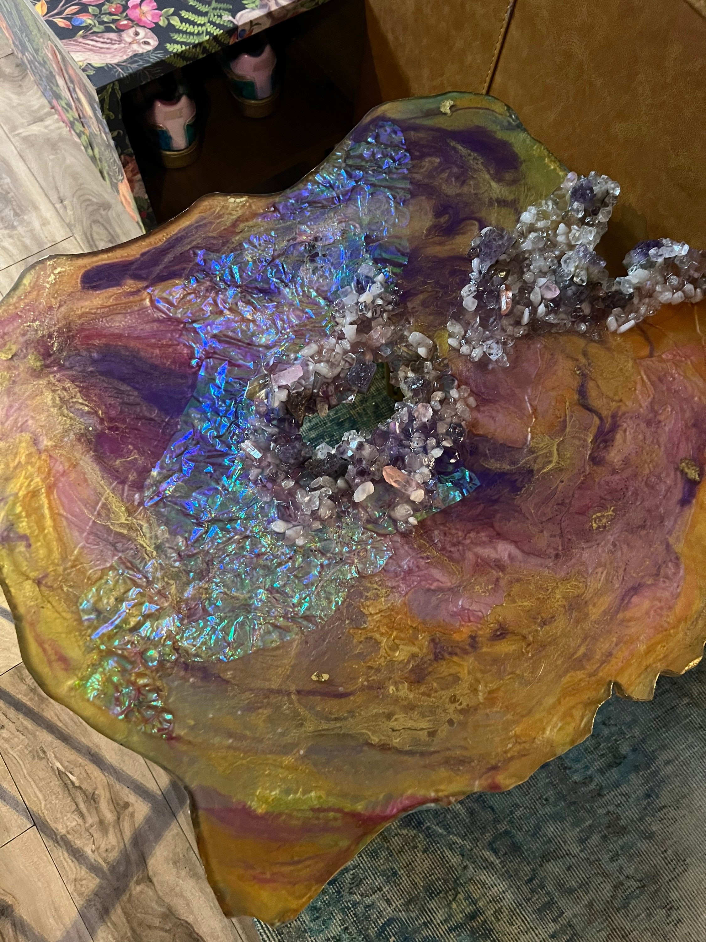 Resin Geode Agate Opal Iridescent Coffee Table Side Table End Table