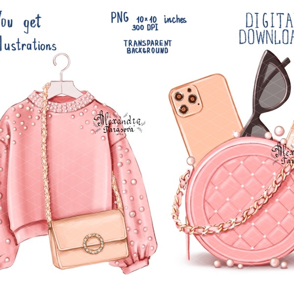 Illustration numérique Accessoires de mode Élégant Sac rose Lunettes de soleil Pull tendance Imprimable Art Clipart Autocollants Téléchargement instantané Dessin