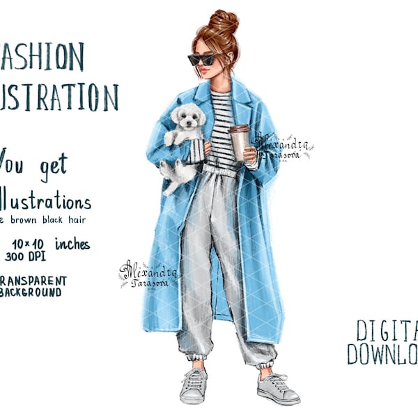 Digital Illustration Stylish Girl With Dog Fashion Blue Coat Jacket Sport Outfit Sunglasses Watercolor Painting Clipart Stickers Printable