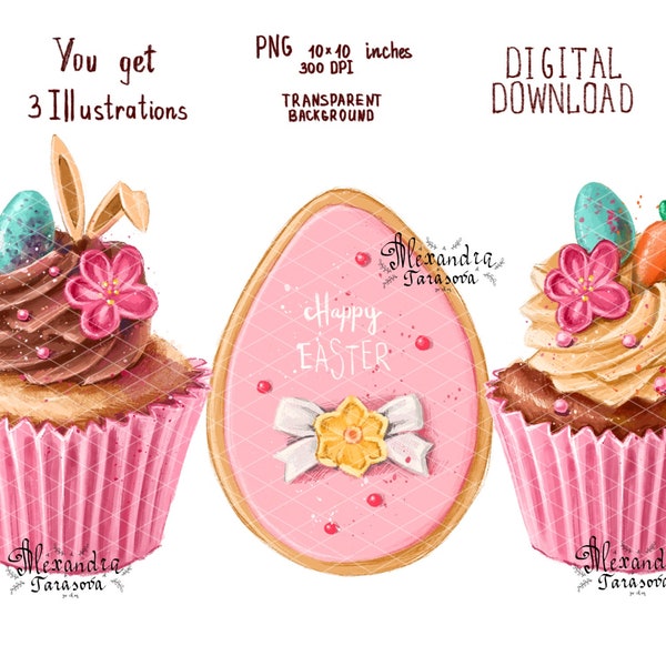 Descarga instantánea Ilustración de acuarela Cupcake de Pascua Ilustración de moda Flores rosadas Huevos Arte imprimible Dibujo con estilo