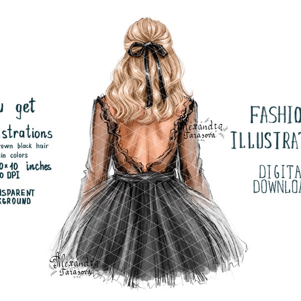 Digital Watercolor Illustration Stylish Girl Black Dress Tutu Instant Download Drawing Style Clipart Stickers Printable Art Watercolor