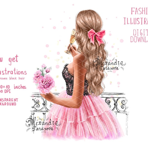 Ilustración acuarela digital moda chica moda falda rosa tutú rosa flor imprimible arte acuarela pintura clipart planificador tablero