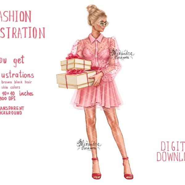 Digital Watercolor Illustration Fashion Girl Trendy Pink Dress Red Shoes Gift Instant Download Drawing Style Clipart Stickers Planner