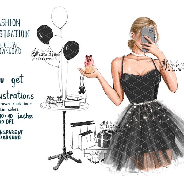 Ilustración de acuarela digital Chica con estilo Peinados de moda Bollo Vestido negro Arte imprimible Cupcake Decoración de moda