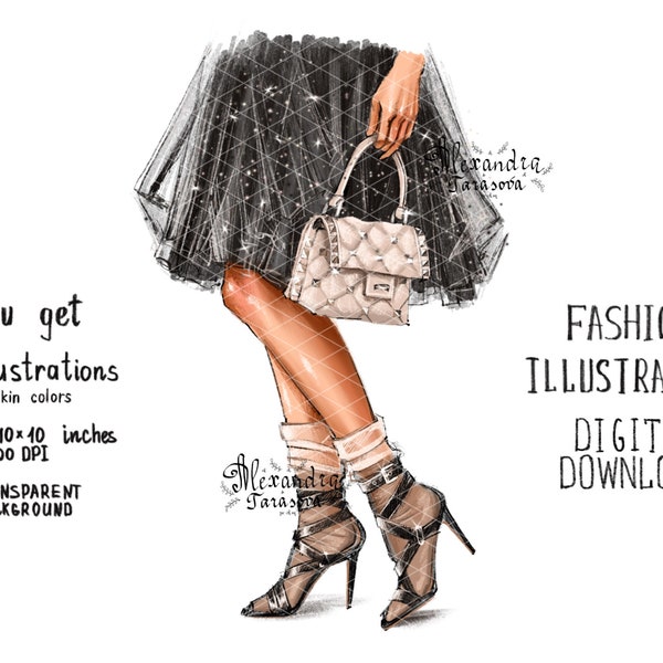Digital Watercolor Illustration Fashion Girl Stylish Bag Trendy Shoes Black Dress Tutu Printable Art Clipart Stickers Instant Download